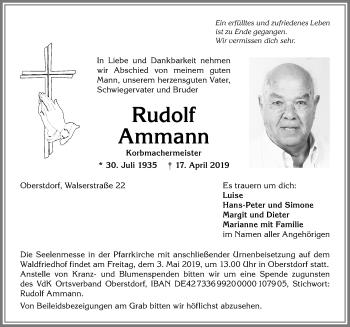Traueranzeige von Rudolf Ammann von Allgäuer Anzeigeblatt
