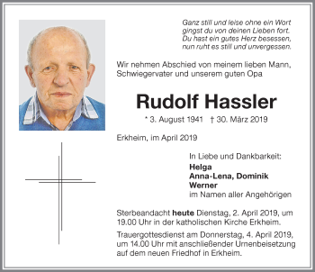 Traueranzeige von Rudolf Hassler von Memminger Zeitung
