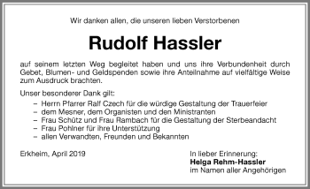 Traueranzeige von Rudolf Hassler von Memminger Zeitung