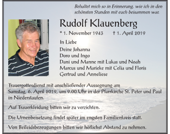 Traueranzeige von Rudolf Klauenberg von Der Westallgäuer