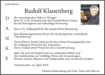Traueranzeige von Rudolf Klauenberg von Der Westallgäuer