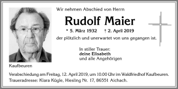 Traueranzeige von Rudolf Maier von Allgäuer Zeitung, Kaufbeuren/Buchloe