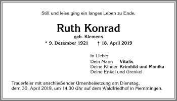 Traueranzeige von Ruth Konrad von Memminger Zeitung