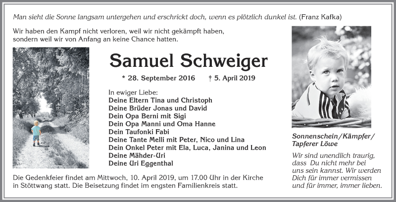  Traueranzeige für Samuel Schweiger vom 09.04.2019 aus Allgäuer Zeitung, Kaufbeuren/Buchloe
