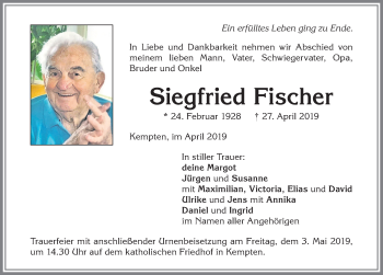 Traueranzeige von Siegfried Fischer von Allgäuer Zeitung,Kempten