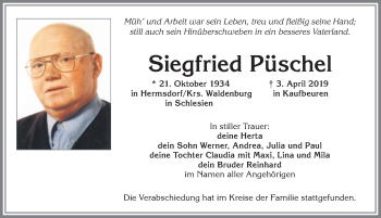 Traueranzeige von Siegfried Püschel von Allgäuer Zeitung, Kaufbeuren/Buchloe