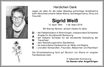 Traueranzeige von Sigrid Weiß von Memminger Zeitung