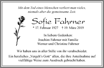Traueranzeige von Sofie Fahrner von Allgäuer Zeitung, Füssen
