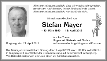 Traueranzeige von Stefan Mayer von Allgäuer Anzeigeblatt