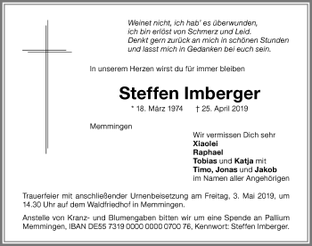 Traueranzeige von Steffen Imberger von Memminger Zeitung