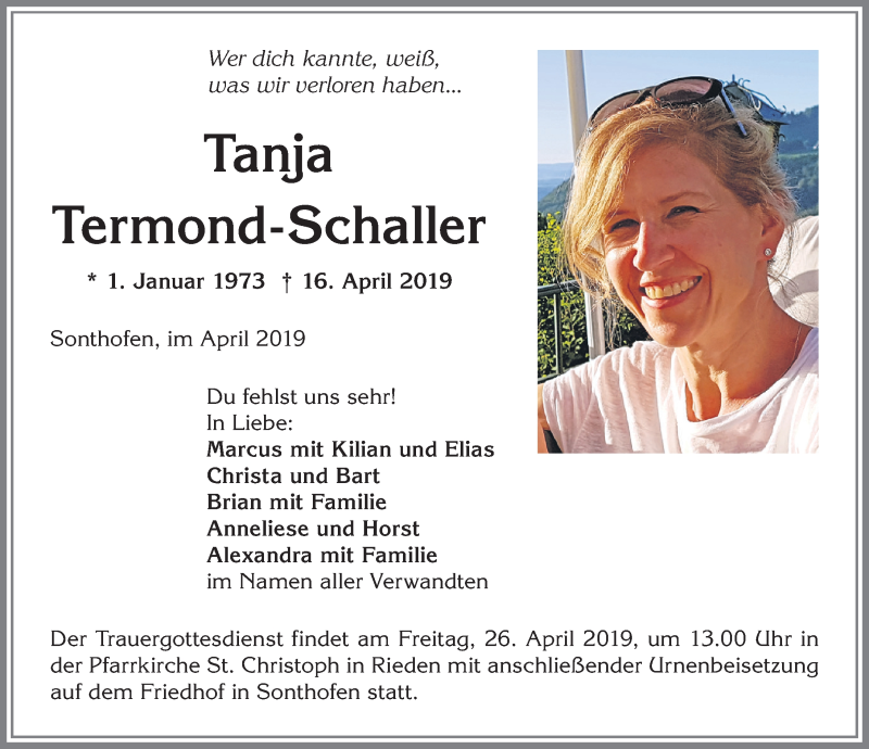  Traueranzeige für Tanja Termond-Schaller vom 24.04.2019 aus Allgäuer Anzeigeblatt
