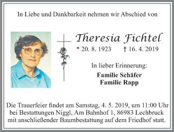 Traueranzeige von Theresia Fichtel von Allgäuer Zeitung, Füssen
