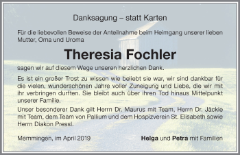 Traueranzeige von Theresia Fochler von Memminger Zeitung