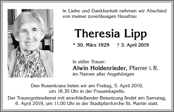 Traueranzeige von Theresia Lipp von Allgäuer Zeitung, Marktoberdorf