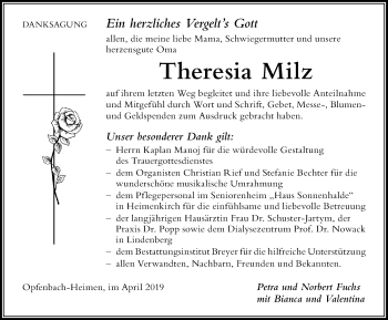 Traueranzeige von Theresia Milz von Der Westallgäuer