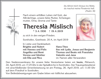 Traueranzeige von Theresia Mislich von Allgäuer Anzeigeblatt
