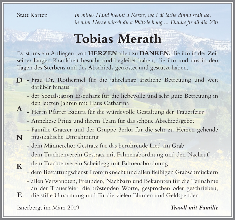  Traueranzeige für Tobias Merath vom 05.04.2019 aus Der Westallgäuer