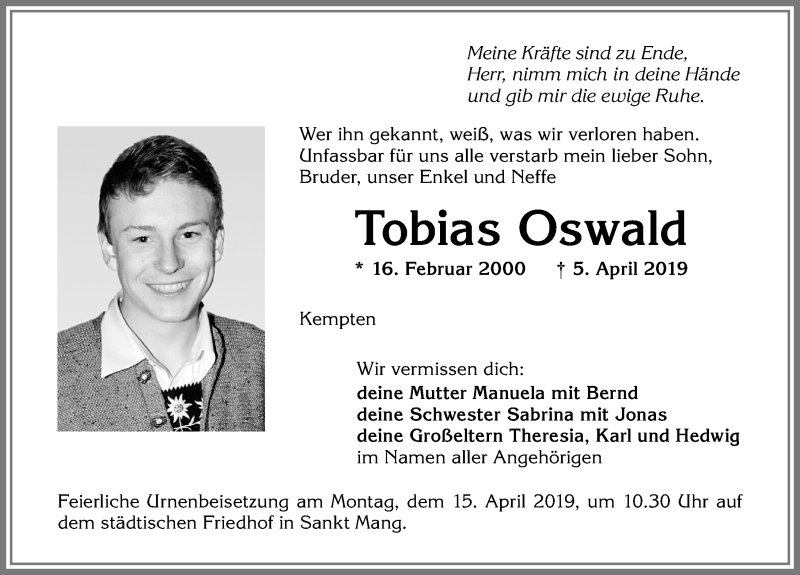  Traueranzeige für Tobias Oswald vom 13.04.2019 aus Allgäuer Zeitung,Kempten