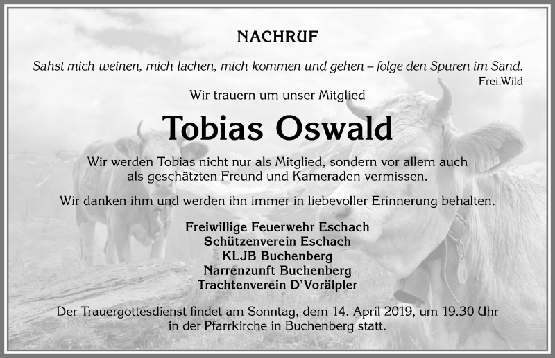  Traueranzeige für Tobias Oswald vom 13.04.2019 aus Allgäuer Zeitung,Kempten