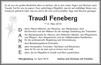 Traueranzeige von Traudl Feneberg von Allgäuer Zeitung, Marktoberdorf