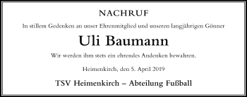 Traueranzeige von Uli Baumann von Der Westallgäuer