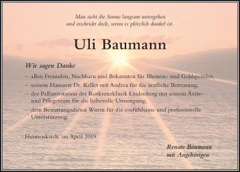 Traueranzeige von Uli Baumann von Der Westallgäuer