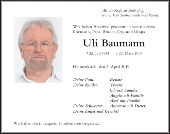 Traueranzeige von Uli Baumann von Der Westallgäuer