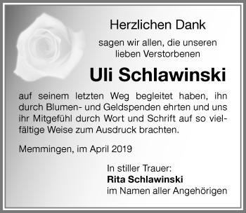 Traueranzeige von Uli Schlawinski von Memminger Zeitung