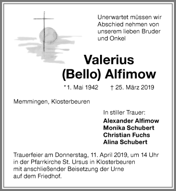 Traueranzeige von Valerius Alfimow von Memminger Zeitung