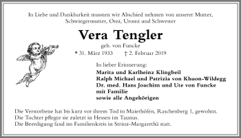 Traueranzeige von Vera Tengler von Der Westallgäuer
