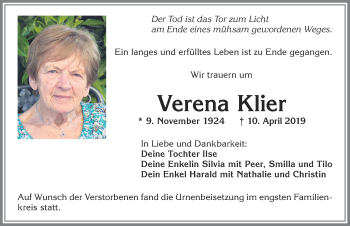Traueranzeige von Verena Klier von Allgäuer Zeitung, Kaufbeuren/Buchloe