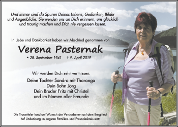 Traueranzeige von Verena Pasternak von Der Westallgäuer