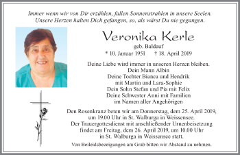 Traueranzeige von Veronika Kerle von Allgäuer Zeitung, Füssen