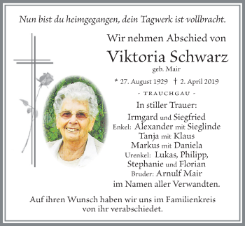 Traueranzeige von Viktoria Schwarz von Allgäuer Zeitung, Füssen