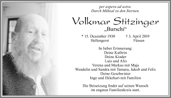 Traueranzeige von Volkmar Stitzinger von Allgäuer Zeitung, Füssen