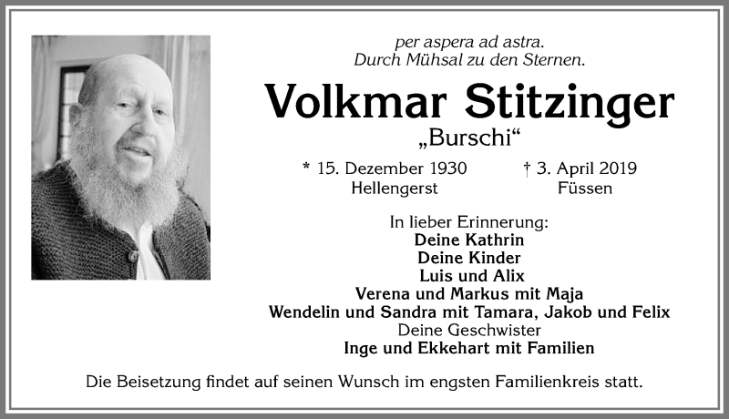  Traueranzeige für Volkmar Stitzinger vom 06.04.2019 aus Allgäuer Anzeigeblatt