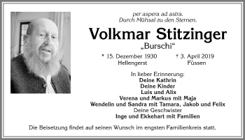 Traueranzeige von Volkmar Stitzinger von Allgäuer Anzeigeblatt