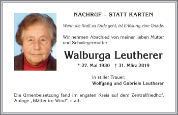 Traueranzeige von Walburga Leutherer von Allgäuer Zeitung,Kempten