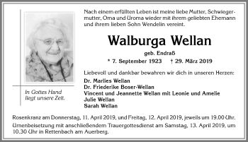 Traueranzeige von Walburga Wellan von Allgäuer Zeitung, Marktoberdorf