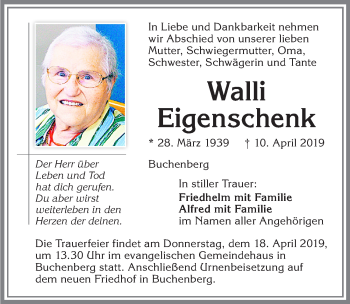 Traueranzeige von Walli Eigenschenk von Allgäuer Zeitung,Kempten