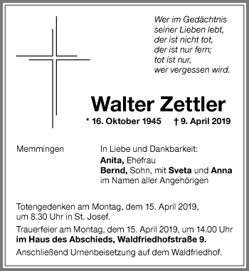 Traueranzeige von Walter Zettler von Memminger Zeitung