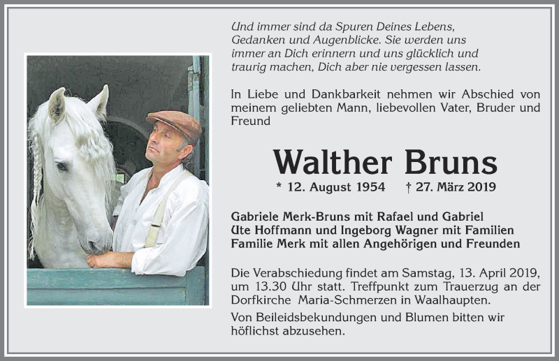  Traueranzeige für Walther Bruns vom 06.04.2019 aus Allgäuer Zeitung, Kaufbeuren/Buchloe