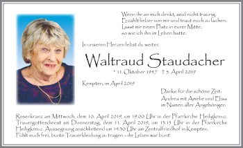 Traueranzeige von Waltraud Staudacher von Allgäuer Zeitung,Kempten