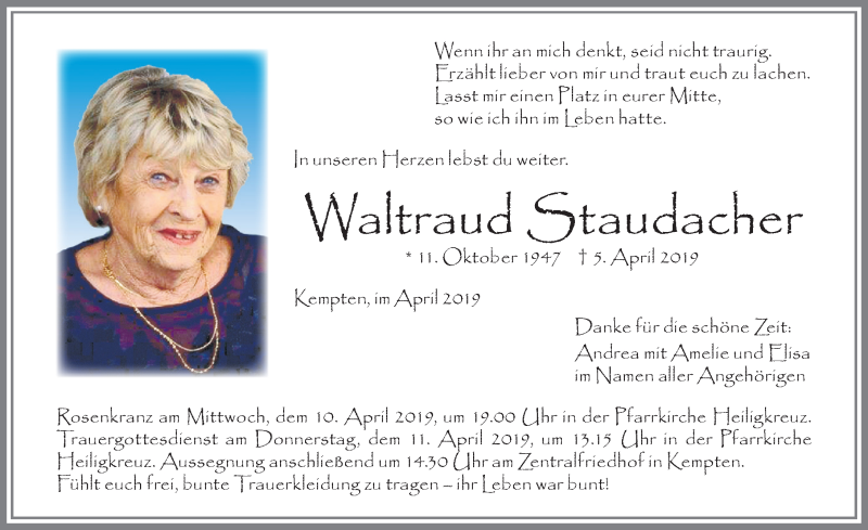 Traueranzeige für Waltraud Staudacher vom 09.04.2019 aus Allgäuer Zeitung,Kempten
