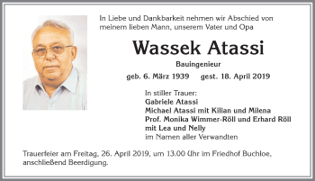 Traueranzeige von Wassek Atassi von Allgäuer Zeitung