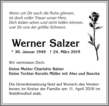 Traueranzeige von Werner Salzer von Allgäuer Zeitung, Kaufbeuren/Buchloe
