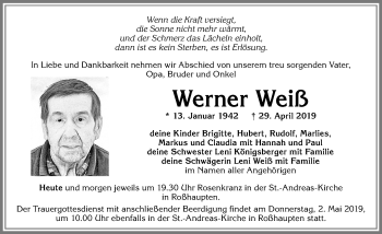 Traueranzeige von Werner Weiß von Allgäuer Zeitung, Füssen