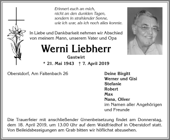 Traueranzeige von Werni Liebherr von Allgäuer Anzeigeblatt