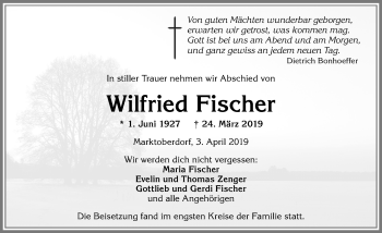 Traueranzeige von Wilfried Fischer von Allgäuer Zeitung, Marktoberdorf