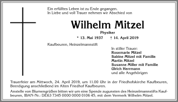 Traueranzeige von Wilhelm Mitzel von Allgäuer Zeitung, Kaufbeuren/Buchloe